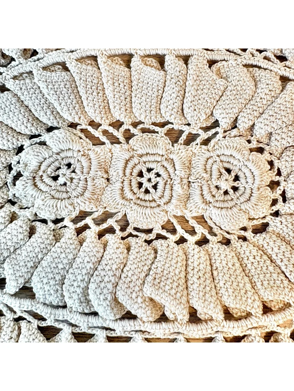 Vintage Handmade Crochet Oval Doily 8x10 Beige Floral Lace Table Centerpiece